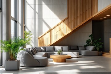 Poster - Modern minimalist lobby with grey sofa, wooden staircase, and large windows.