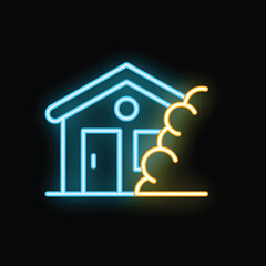 Poster - Vibrant neon sign depicting a house with a glowing tree, perfect for themes of real estate, home decor, and nightlife