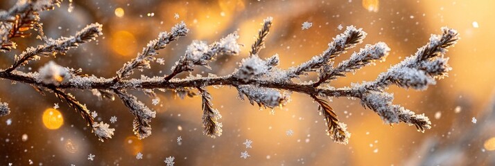 Aufkleber - Snow-covered branch with bokeh background during winter sunset.