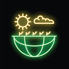 Poster - Neon glowing icon of the sun shining on crops growing on earth