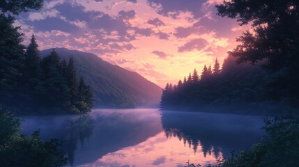 Poster - Serene sunset over a calm lake nestled in a mountain valley, reflecting the vibrant sky.
