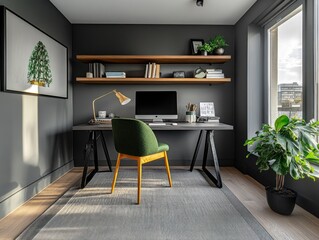 Aufkleber - Modern home office interior with dark walls, wooden shelves, green chair, computer, and plants.