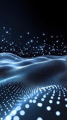Fototapete - Abstract blue background features a wave of glowing dots and lines, ideal for digital design presentations focused on big data technology
