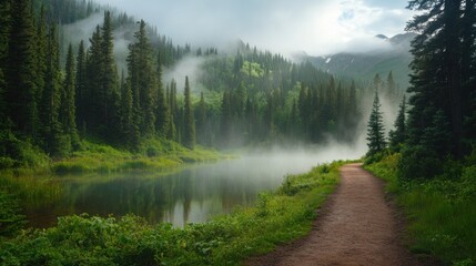 Poster - Misty mountain lake with a path.