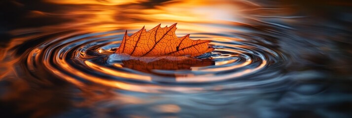 Poster - Single autumn leaf floats on calm water, creating concentric ripples at sunset.