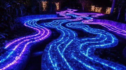 Poster - Illuminated pathway at night, winding blue and purple light trails in a garden.
