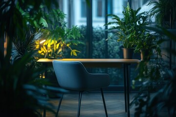 Poster - Modern desk with chair surrounded by lush indoor plants at night, near a window.