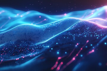 Poster - Abstract blue and pink glowing wave particles background.