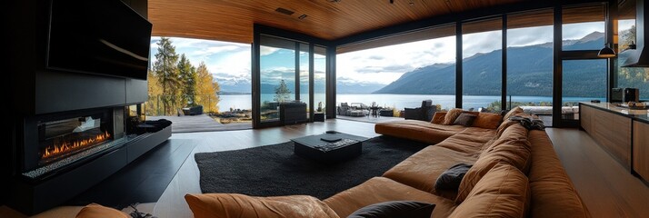 Poster - Luxurious living room with stunning lake and mountain views, featuring a modern fireplace and large windows.