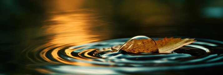 Poster - Autumn leaf floats on water, creating concentric ripples; sunset reflection.