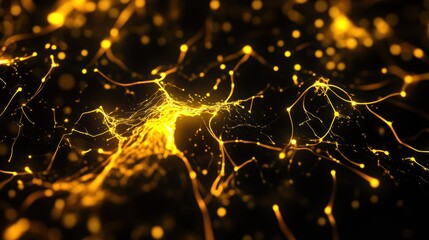 Aufkleber - Abstract golden particles and lines forming a dynamic network on black background.