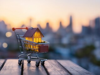 Poster - Miniature house in shopping cart on wooden surface with city skyline background. (2)