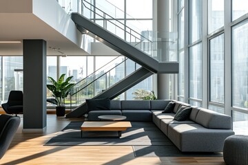 Poster - Modern office lounge with large windows, gray sectional sofa, and metal staircase.