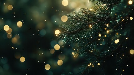 Aufkleber - Close-up of a pine branch with bokeh lights and falling snow.