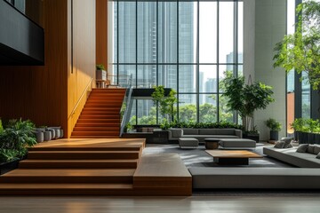 Aufkleber - Modern office lobby with wooden stairs, comfortable seating, and large windows offering city views and abundant greenery.