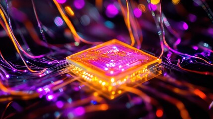 Aufkleber - Glowing microchip with vibrant energy streams.