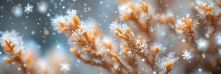 Poster - Close-up of frost-covered branches with snowflakes falling.