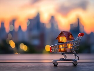 Poster - Miniature house in shopping cart against city sunset. (2)