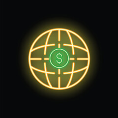 Canvas Print - Neon sign illustrating the concept of global finance with a dollar sign glowing inside a planet earth globe