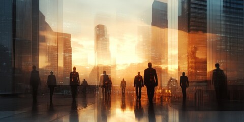 Aufkleber - Silhouetted businesspeople walking towards a sunset cityscape reflected in a modern building's glass facade.