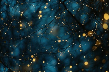 Poster - Twinkling fairy lights strung on dark branches against a blurred teal background.