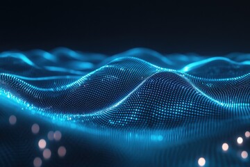 Poster - Abstract blue glowing wave particles background.