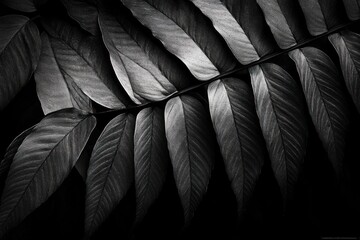Poster - Monochrome close-up of a branch with elongated leaves, showing intricate details and textures against a dark background.
