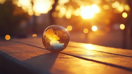 Poster - Glass ball reflecting sunset on wooden table outdoors.