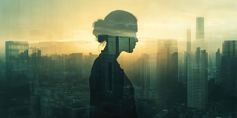 Aufkleber - Silhouette of a woman against a cityscape at sunset.