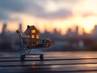 Poster - Miniature house in shopping cart at sunset, cityscape background. (3)