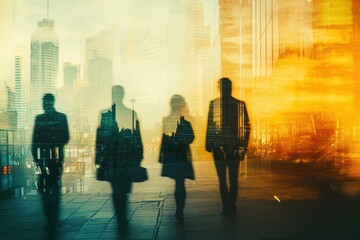 Aufkleber - Silhouetted businesspeople walking in city at sunset, double exposure effect.