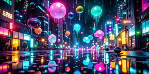 Poster - Night Cityscape with Glowing 3D Chat Bubbles - Futuristic Communication Concept
