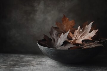 Poster - Dried autumn leaves in dark bowl on moody background.