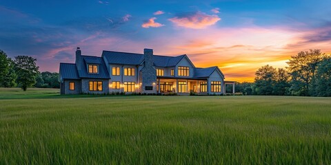Poster - Luxurious farmhouse at sunset, overlooking a field.