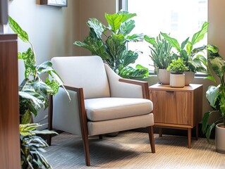 Poster - Modern office armchair with plants near window.