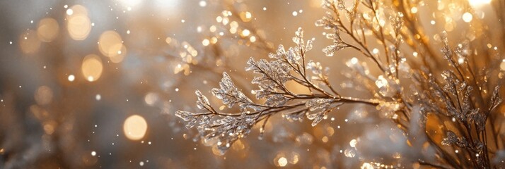 Aufkleber - Close-up of a frost-covered branch with bokeh background.