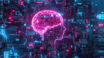 Poster - Glowing pink brain outline on a vibrant digital circuit board background.