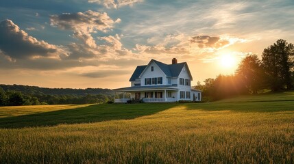 Poster - White farmhouse on a hill at sunset, overlooking a golden field.