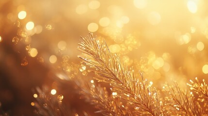 Leinwandbilder - Golden pine branch with bokeh lights background.