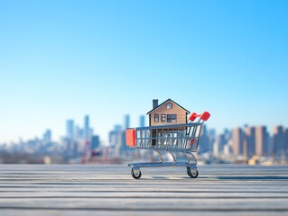 Poster - Miniature house model in shopping cart on wooden surface against city skyline. (1)