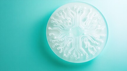 Poster - Abstract circular circuit board design on teal background.