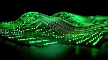 Poster - Abstract green glowing wave data technology background.