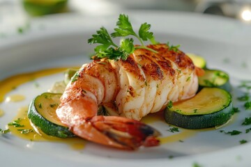 Poster - Grilled shrimp and squid with zucchini and parsley garnish on a white plate, drizzled with oil.