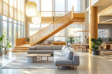 Poster - Modern minimalist office lobby with light wood staircase, comfortable seating area, and large windows.
