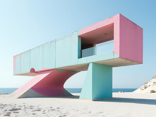 Aufkleber - The Concrete Structure Features A Unique Pink And Turquoise Color Scheme Giving It An Abstract Design. 00002