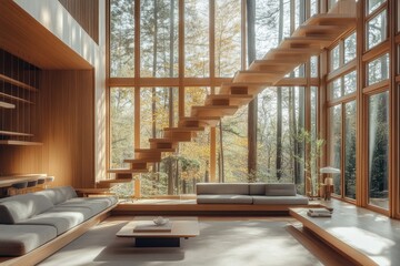 Poster - Modern minimalist living room with wooden staircase and large windows overlooking a forest.