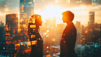 Poster - Silhouetted businesspeople converse against a vibrant cityscape sunset backdrop.