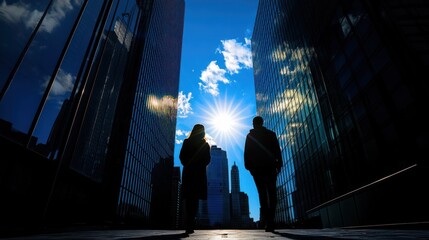 Poster - Silhouetted businesspeople walking between tall buildings towards bright sun.