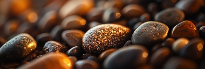 Poster - Close-up of sunlit, smooth, dark-colored stones on a beach.