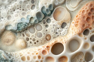 Fototapete - Close-up of a porous stone surface with varying colors and textures, exhibiting a unique pattern of holes and shapes.